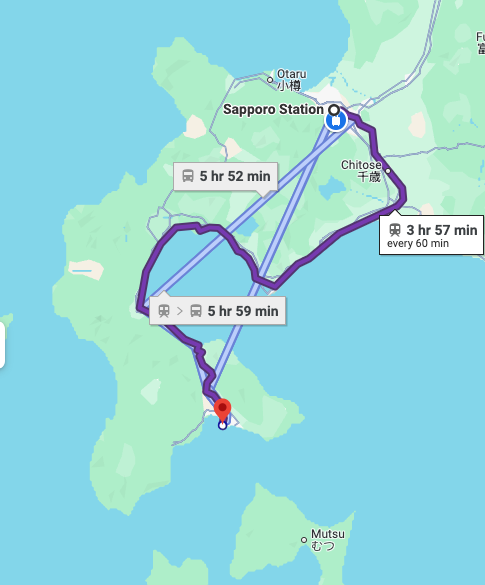 Map from Sapporo to Hakodate